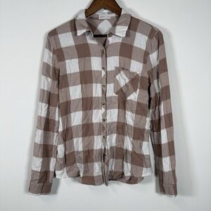 Maurice's Women's Long Sleeve Button Down Flannel Tan White Size Small Casual